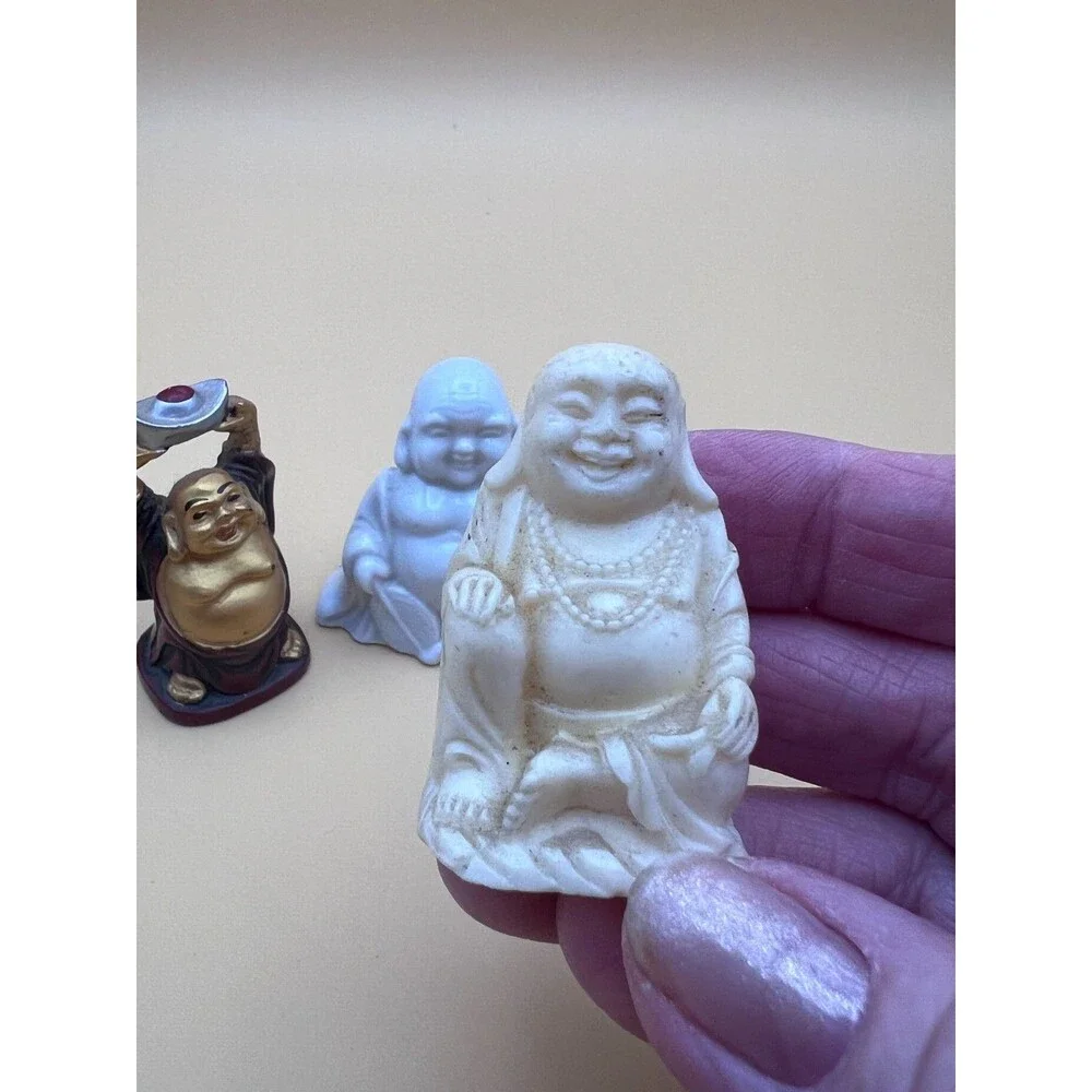 Lot of 8 Miniature Buddha and Happy Buddha Figurines - Stone, Resin, Ceramic